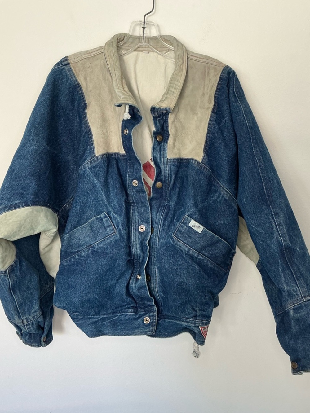 Vintage Guess Denim Leather Jacket 90s Colorblock Distressed Rare Size M